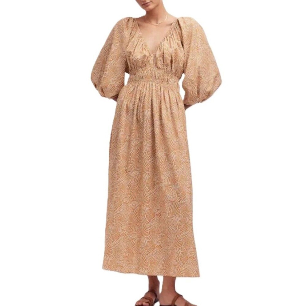 Madewell Women's Spiral dot Tan Puff Sleeve Travel Vacation  Midi Dress Sz 12